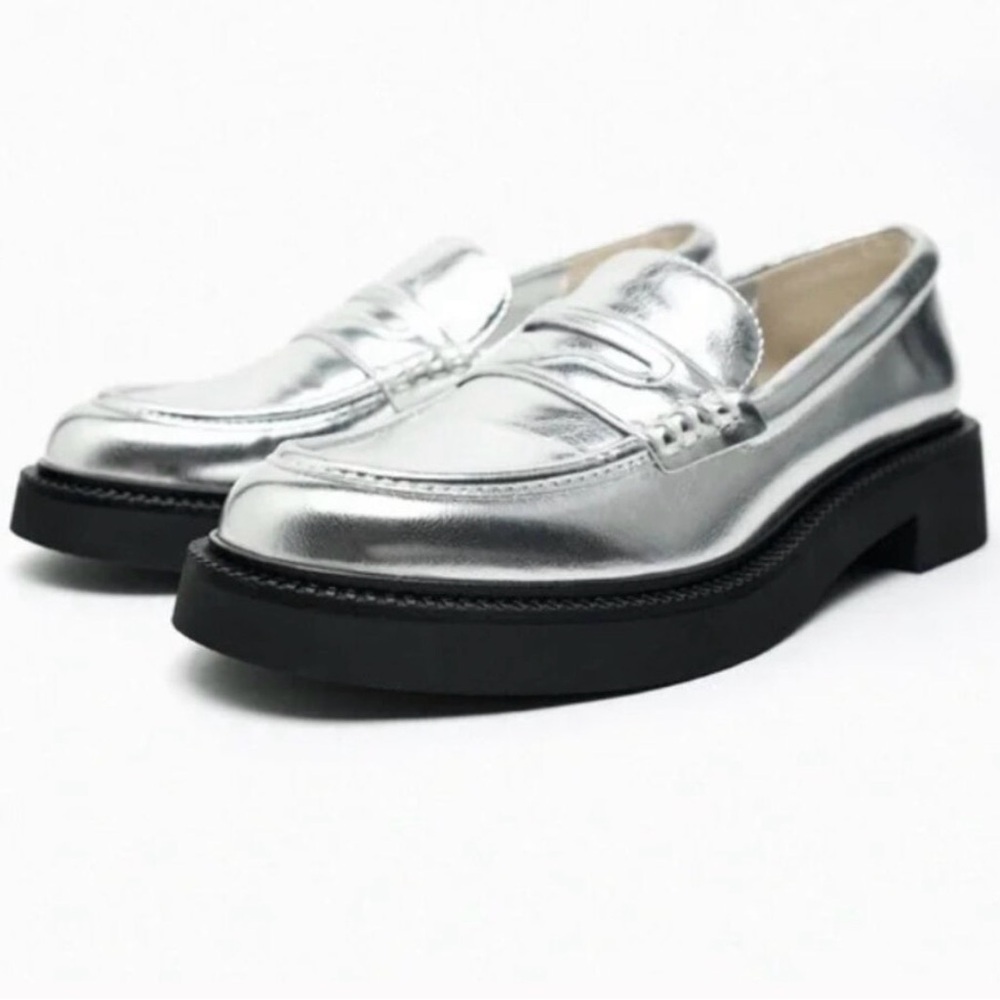 Zara Silver Loafers with Black Soles